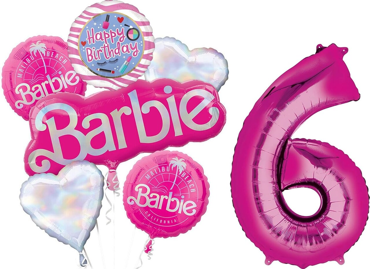 California Dreaming 6th Birthday Balloon Bouquet – Giant 34" Pink Number 6, Banner Foil Balloon, Iridescent Hearts & Licensed Birthday Balloons for Girls Party Decorations (Multicolored)